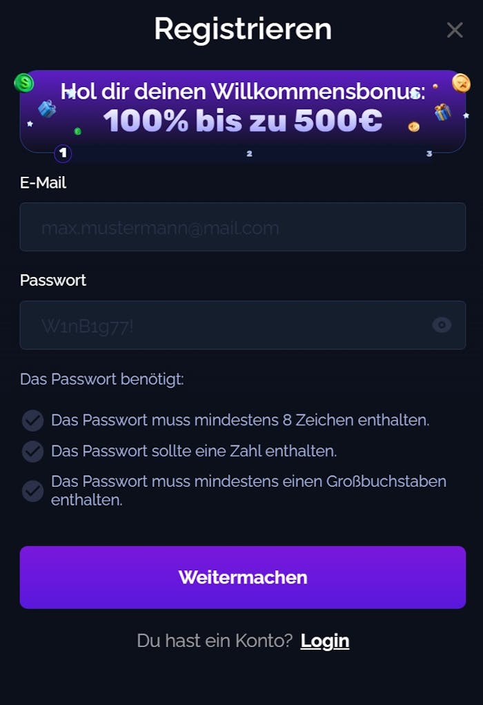 Starsplay Casino Screenshot mit lila und blauen Akzenten, zu sehen ist die Anmeldemaske, in welche persönliche Daten zum Anmelden eingegeben werden.