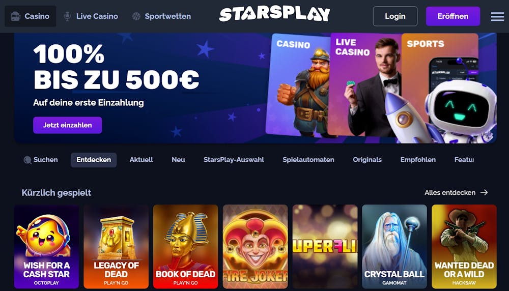 Starsplay Casino Screenshot mit der Spielauswahl, darunter Book of Dead und Legacy of Dead.