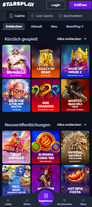 Starsplay Casino Screenshot mit der Spielauswahl, darunter Gemhalla und Legacy of Dead.
