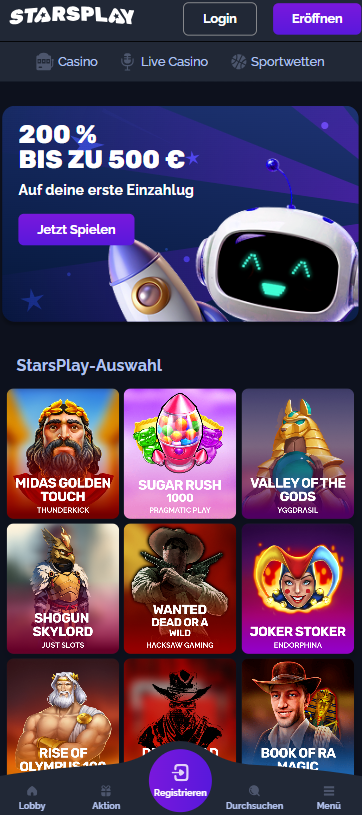 Startseite im Starsplay Casino zeigt Spiele wie Sugar Rush 1000 neben anderen Spielkategorien