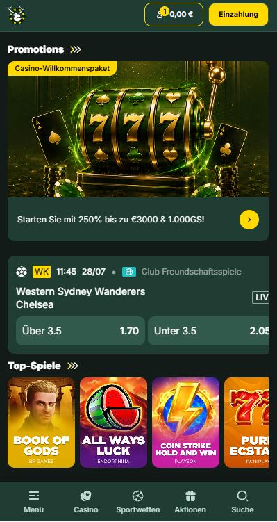 Startseite im SpinStag Casino zeigt Promotionen und top Spiele