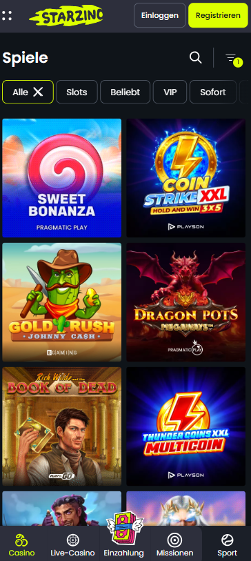 Spiellobby im Starzino Casino zeigt Spiele wie Book of Dead neben anderen Spielkategorien