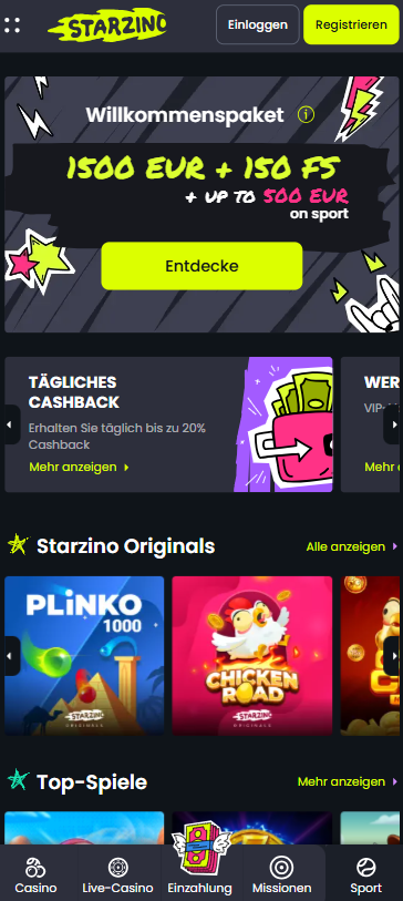 Startseite im Starzino Casino zeigt Willkommenspaket und andere Angebote sowie Starzino Originals