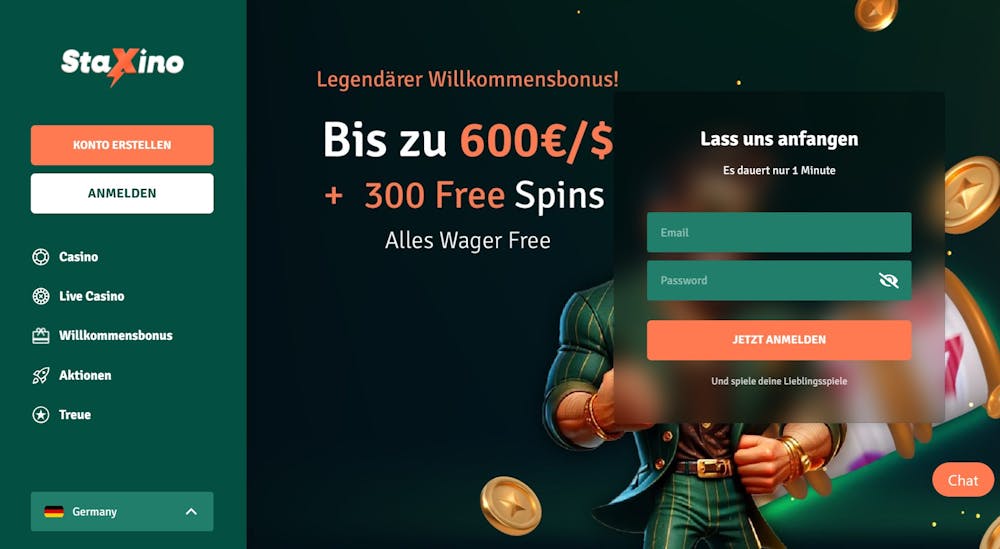 Startseite des Staxino Casinos mit Menü, Anmeldebutton, Bonusangebot, Sprachauswahl und Login-Formular