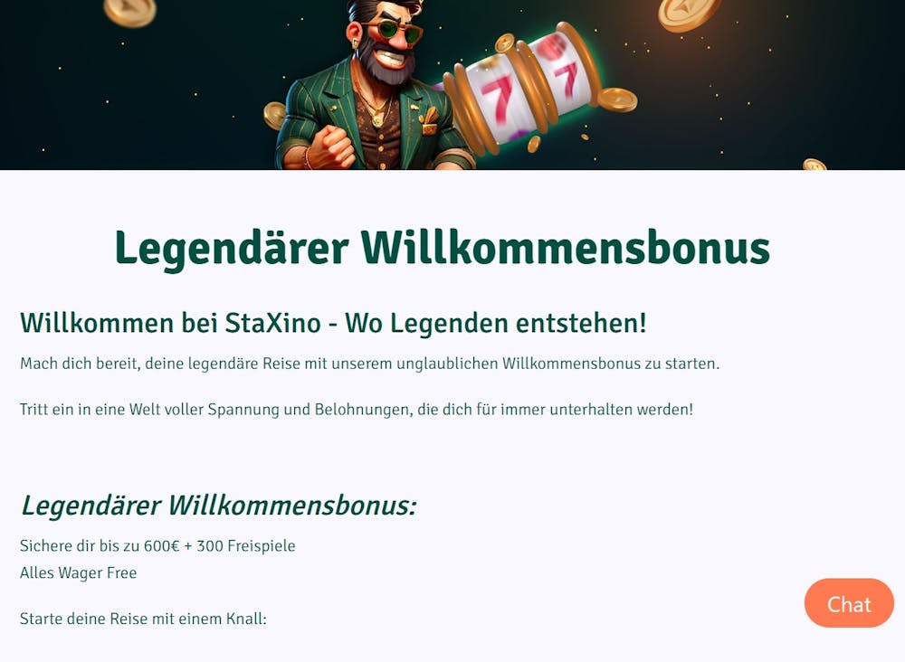 Staxino Casino Willkommensbonus bis zu 600 Euro und 300 Freispiele umsatzfrei