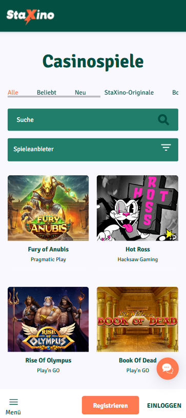Staxino Casino Spiellobby mit Suchleiste, Anbieterfilter, Kategorien und Spielen