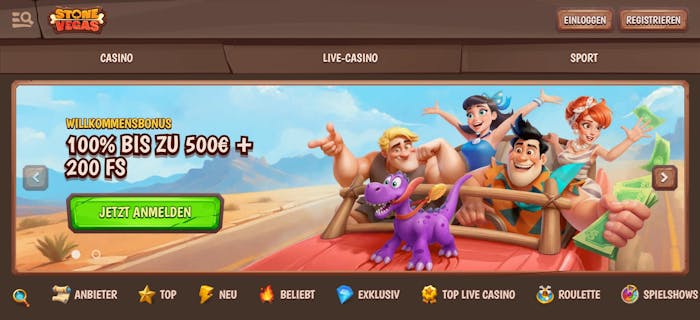 Startseite im Stonevegas Casino zeigt Willkommensbonus und Spielkategorien
