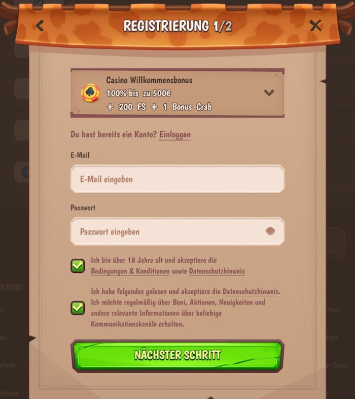 Anmeldeformular im Stonevegas Casino