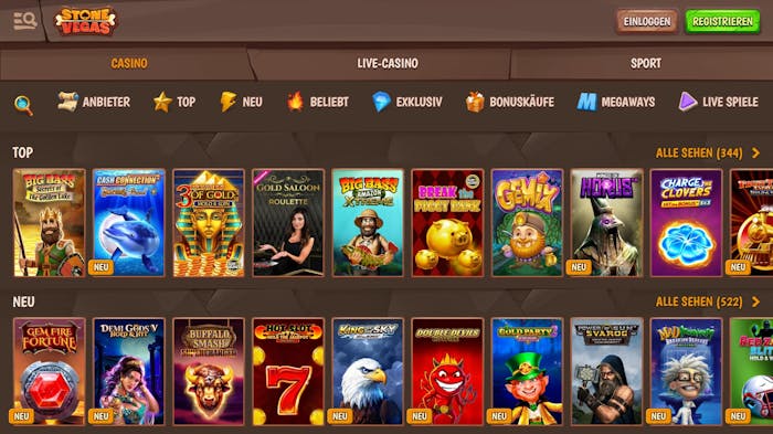 Spiellobby im Stonevegas Casino zeigt Top Spiele wie Big Bass Bonanza neben anderen Spielkategorien