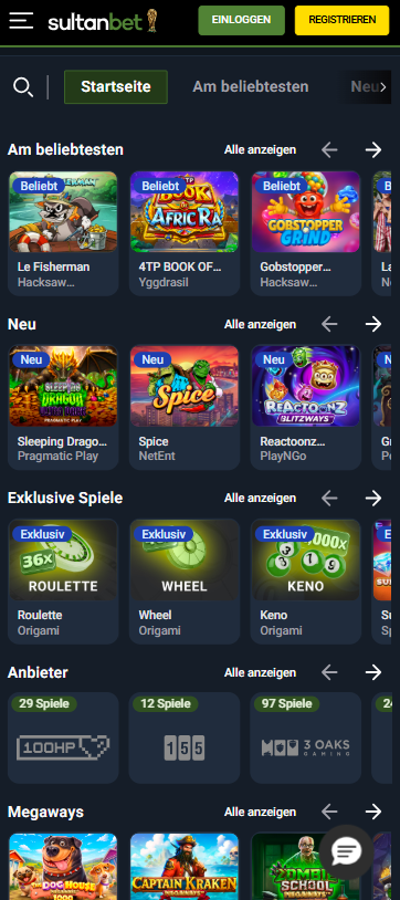 Spiellobby im Sultanbet Casino zeigt beliebte Spiele wie Le Fisherman neben anderen Spielkategorien