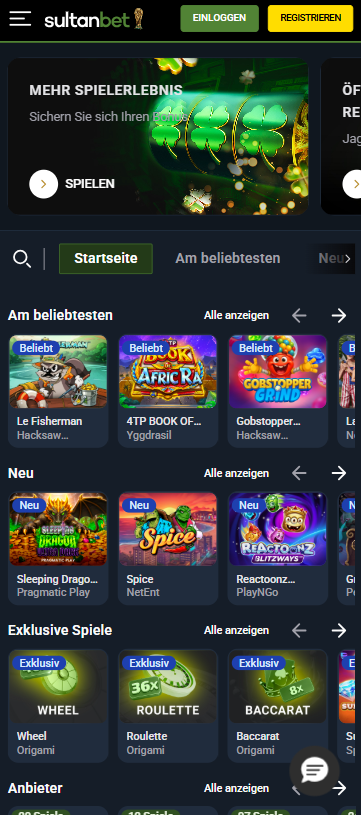 Startseite im Sultanbet Casino zeigt Angebote und beliebte Spiele