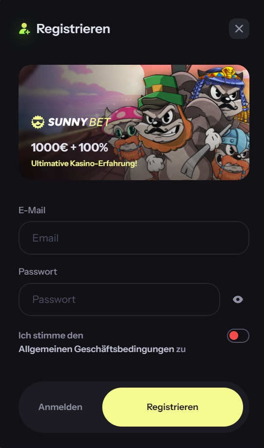 Sunnybet Casino Screenshot mit der Anmeldeseite, auf welcher die Daten zum Registrieren eingegeben werden.