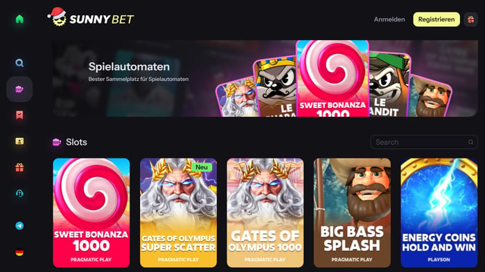 Sunnybet Casino Logo mit der Spieleseite, auf welcher man die Slots und Tischspiele findet.