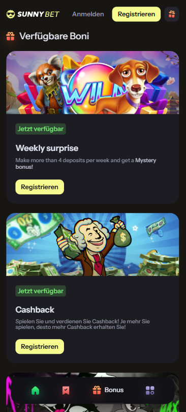 Sunnybet Casino Screenshot mit den Aktionen und den Freispielen ohne Einzahlung.