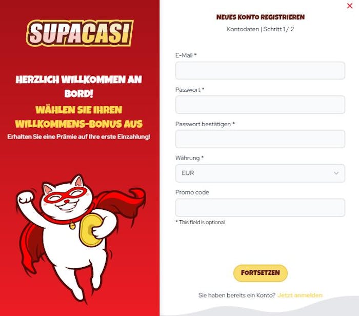 Anmeldeformular im Supacasi Casino
