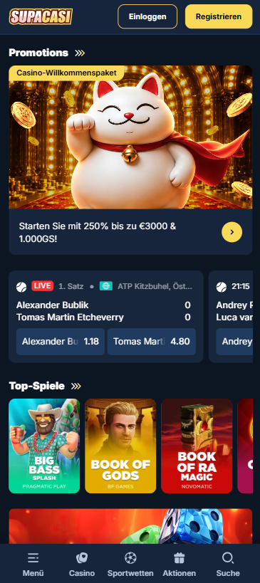 Spiellobby im Supacasi Casino zeigt top Spiele wie Big Bass Splash neben anderren Spielkategorien