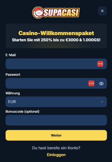 Anmeldeformular im Supacasi Casino