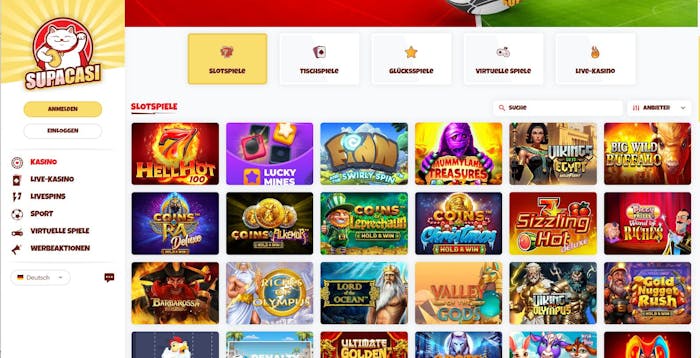 Spiellobby im Supacasi Casino zeigt Slots wie Sizzling Hot neben anderren Spielkategorien