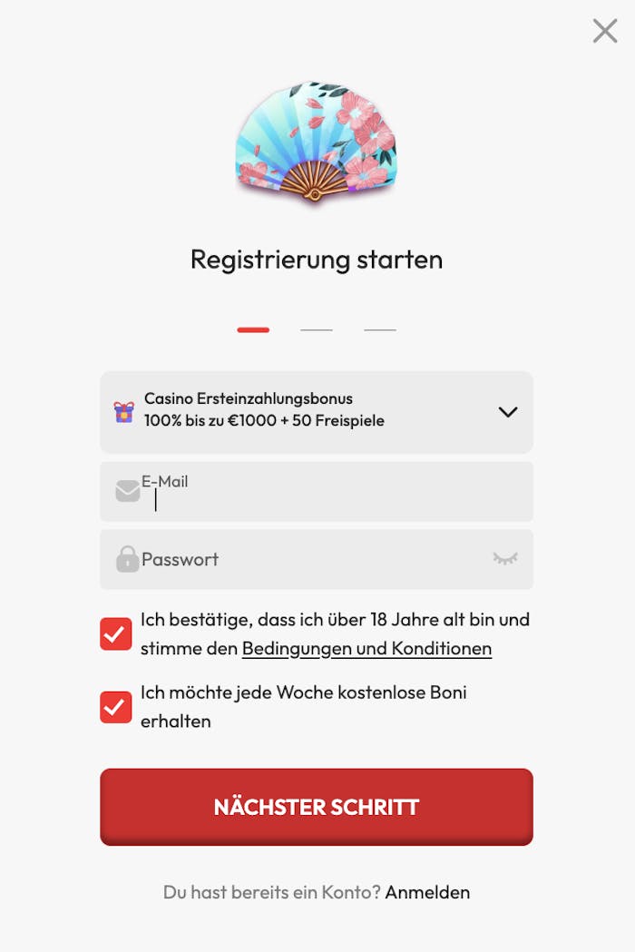 Anmeldeformular im Sushi Casino