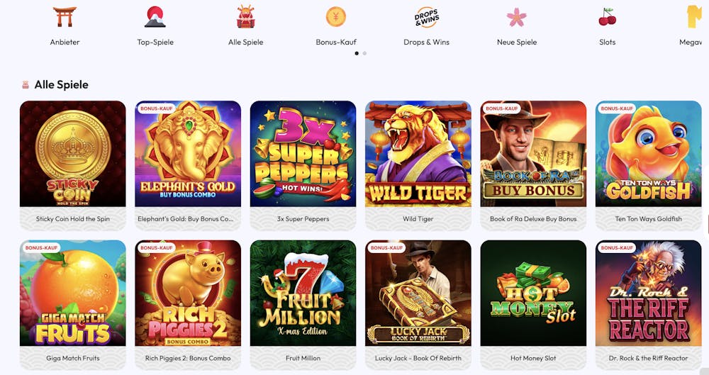 Spiellobby im Sushi Casino zeigt Spiele wie Fruit Million neben anderen Spielkategorien