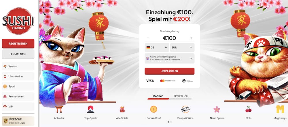 Startseite im Sushi Casino zeigt Einzahlungsbonus neben Menü und Spielkategorien