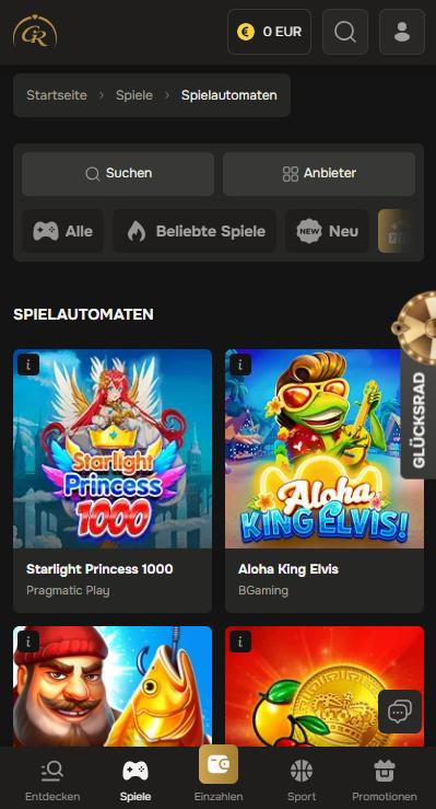 Spiellobby im Golden Ring Casino zeigt Spiele wie Aloha King Elvis neben anderen Spielkategorien