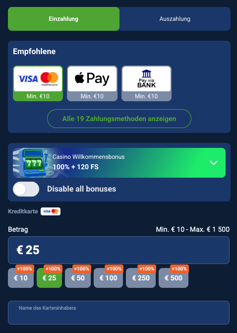 Einzahlungsbereich im 20Bet Casino