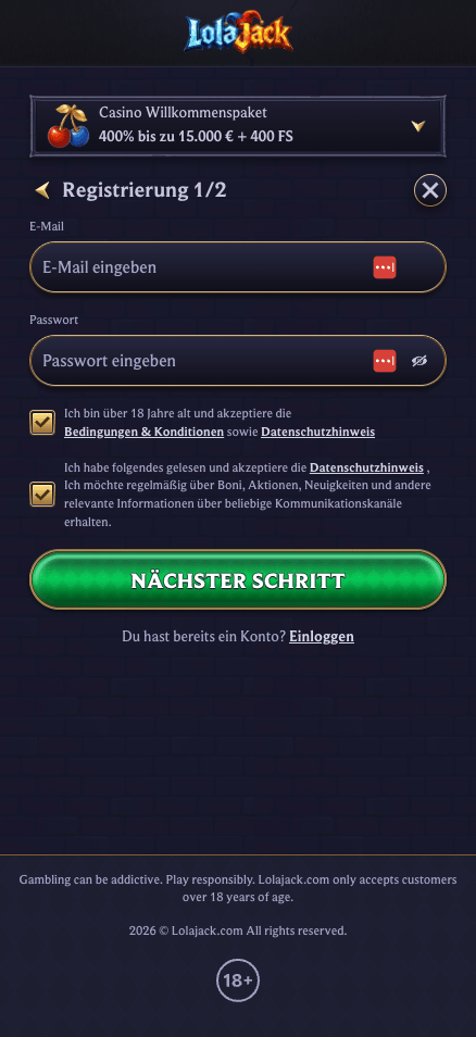 Anmeldeformular im Lolajack Casino