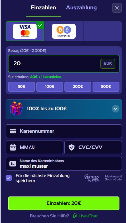 Browinner Screenshot mit dem Zahlungsbereich.