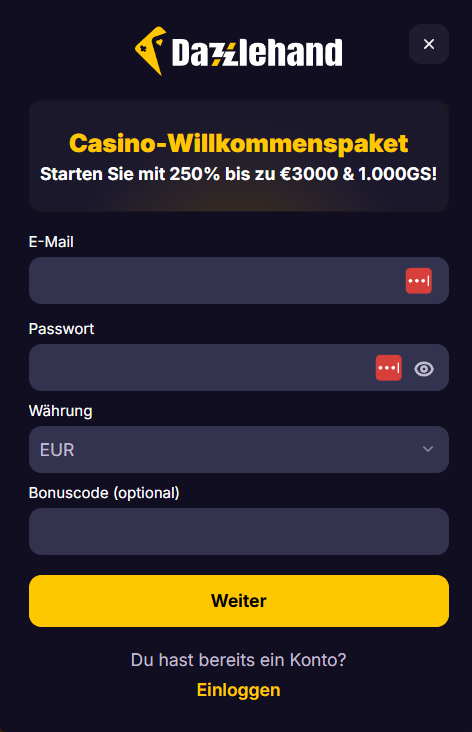 Anmeldeformular im Dazzlehand Casino