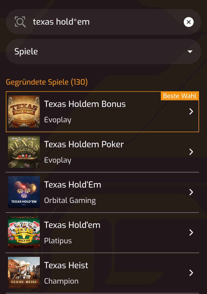 Auswahl an Texas Hold'em Spielen im Online Casino