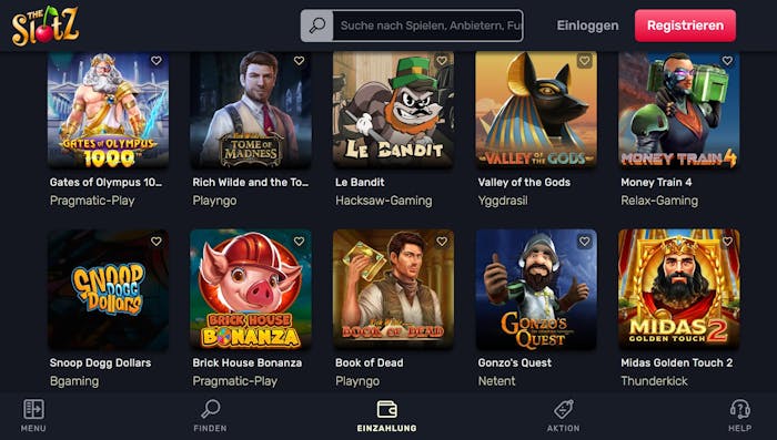 Spiellobby im The Slotz Casino zeigt Spiele wie Book of Dead neben anderen Spielkategorien