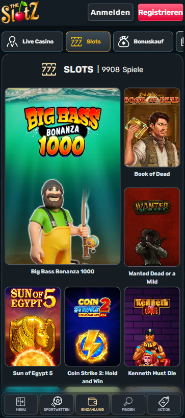 Spiellobby im The Slotz Casino zeigt Spiele wie Book of Dead neben anderen Spielkategorien