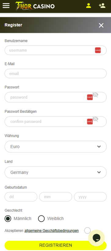 Anmeldeformular im Thor Casino