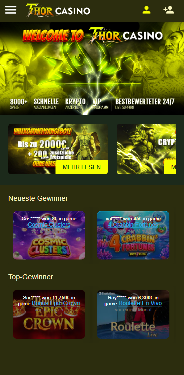 Startseite im Thor Casino zeigt Menü und aktuelles Bonusangebot