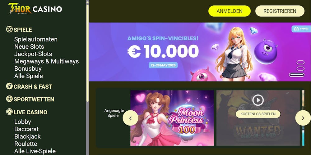 Startseite im Thor Casino zeigt Menü und aktuelles Bonusangebot