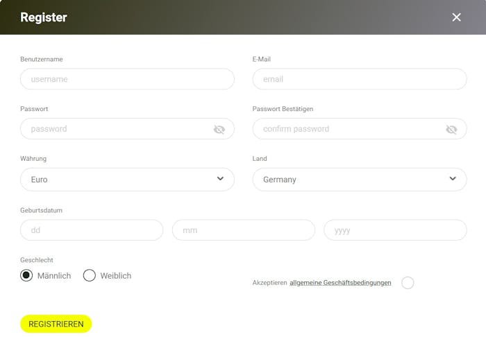 Anmeldeformular im Thor Casino