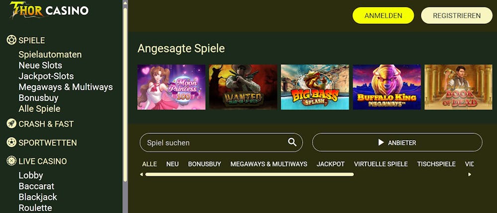 Spiellobby im Thor Casino zeigt angesagte Spiele wie Book of Dead neben anderen Spielkategorien