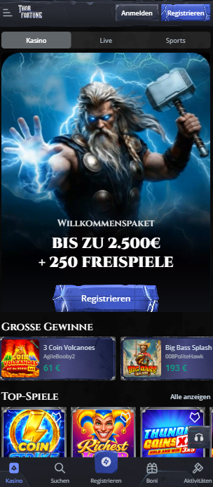 Screenshot vom Thorfortune Casino mit der Startseite.
