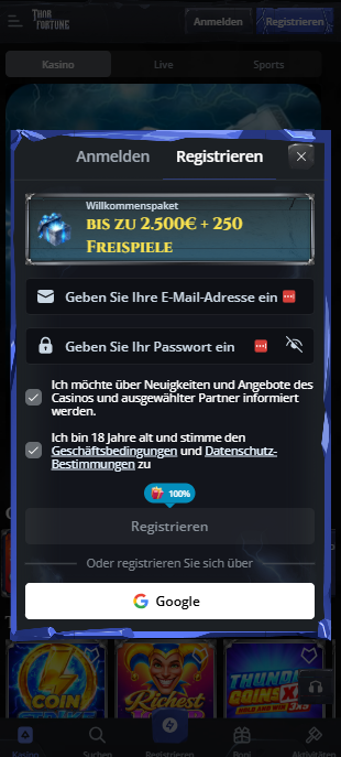 Screenshot vom Thorfortune mit der Anmeldeseite, auf welcher die Daten eingegeben werden.