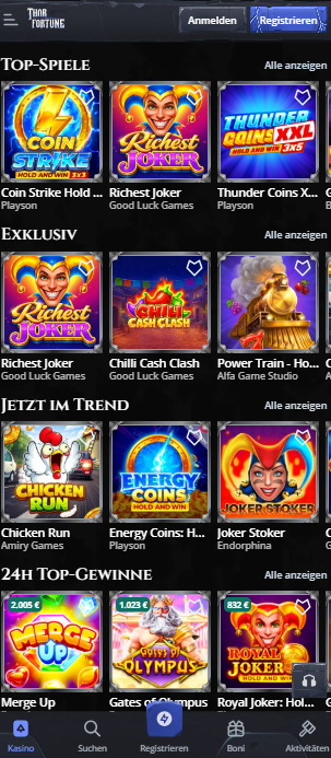 Screenshot vom Thorfortune mit der Spieleseite und den Slots.
