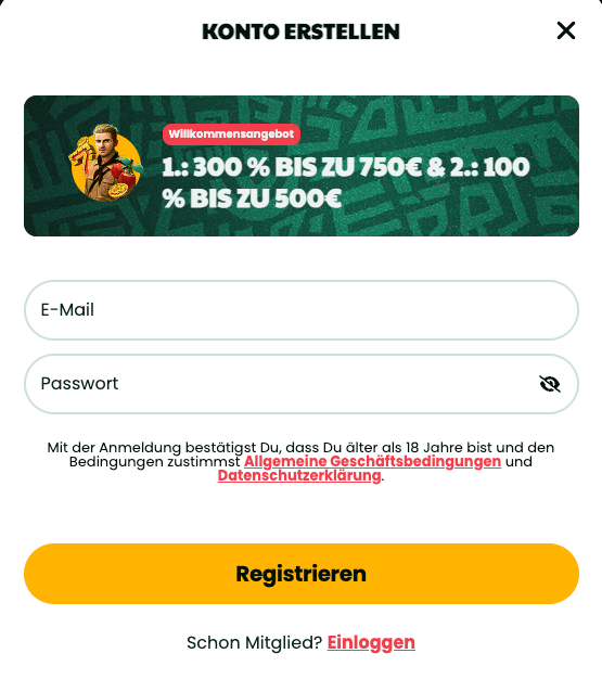 Anmeldeformular im Tikal Casino