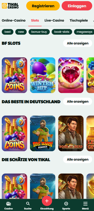 Spiellobby im Tikal Casino zeigt high volatility slots wie Immortal Romance neben anderen Spielkategorien