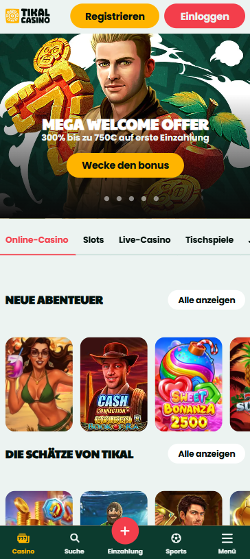 Startseite im Tikal Casino zeigt Casinobereiche, Suchleiste und Promotionen