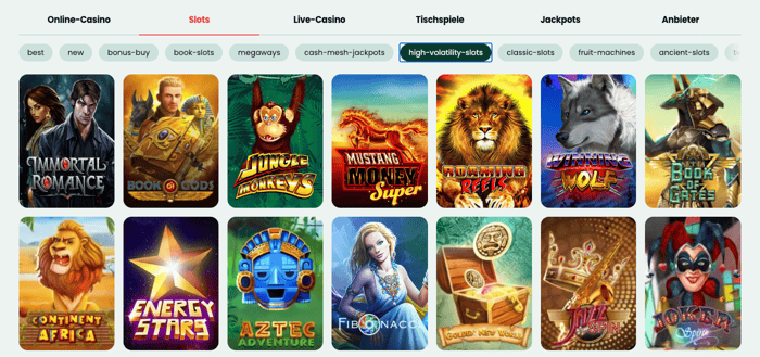 Spiellobby im Tikal Casino zeigt high volatility slots wie Immortal Romance neben anderen Spielkategorien