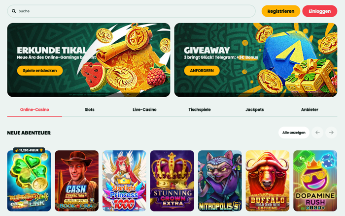 Startseite im Tikal Casino zeigt Casinobereiche, Suchleiste und Promotionen