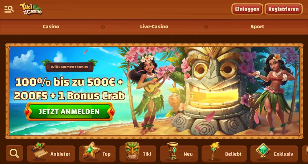 Startseite im Tiki Casino zeigt Willkommensbonus und Casino Bereiche