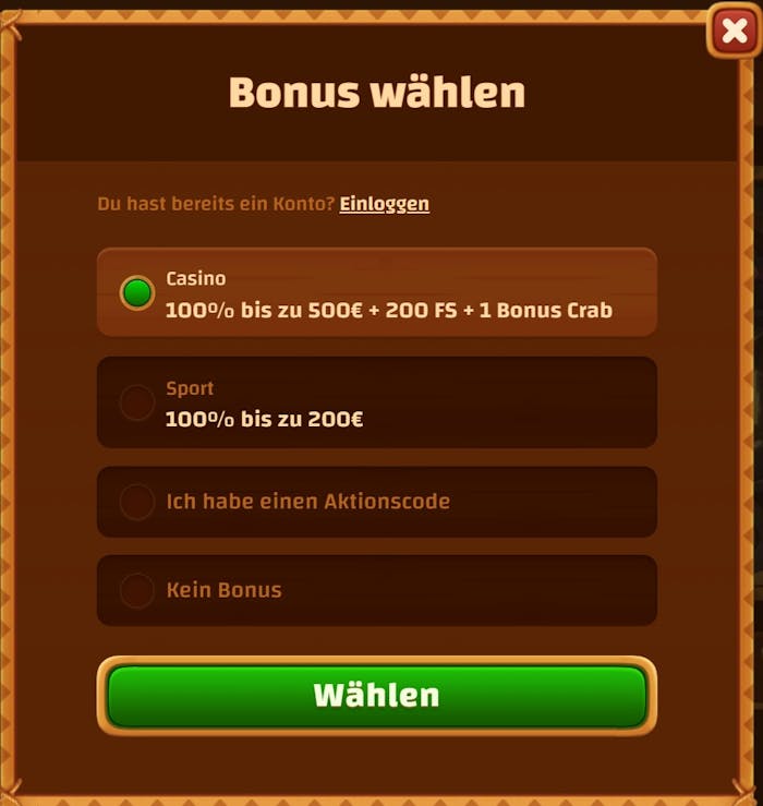 Anmeldeformular im Tiki Casino