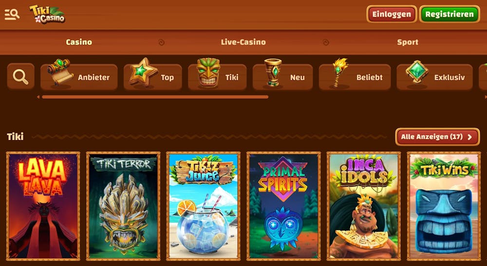 Spiellobby im Tiki Casino zeigt Spiele wie Primal Spirits neben anderen Spielkategorien