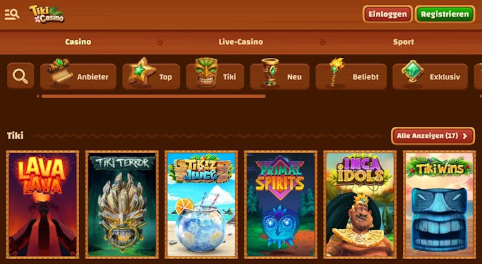 Spiellobby im Tiki Casino zeigt Spiele wie Primal Spirits neben anderen Spielkategorien